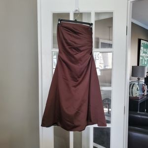 Strapless brown satin tea length dress